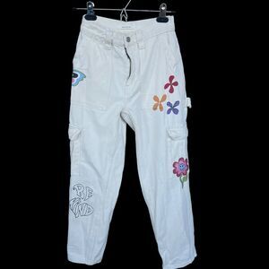 Pacsun High Rise Carpenter Jeans Womens Size 24 Cream Cargo Flower Butterfly